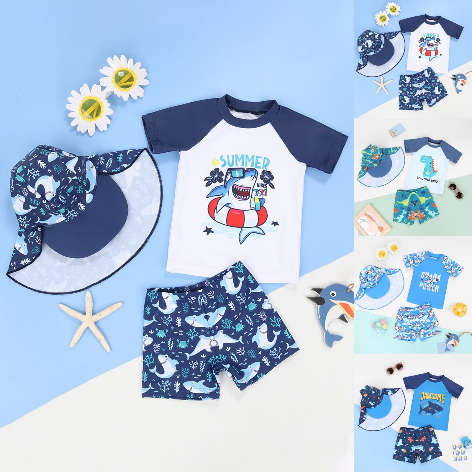 Going Home Outfit Baby Boy Summer Swimsuit Water Sport Short Swimsuit Tops Shorts Hats 3 Pieces Bathing Suits Boy Clothes Blue 2 Years-3 Years